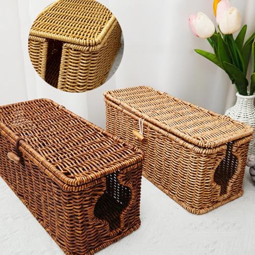 Wicker Cable Management Box, 2 Pack Large & Small Cable Organizer Box, Faux Rattan Hand-Woven Desk Organizer with 10 Cord Clips and 10 Ties, for Home Office and Charging Station - Image 5