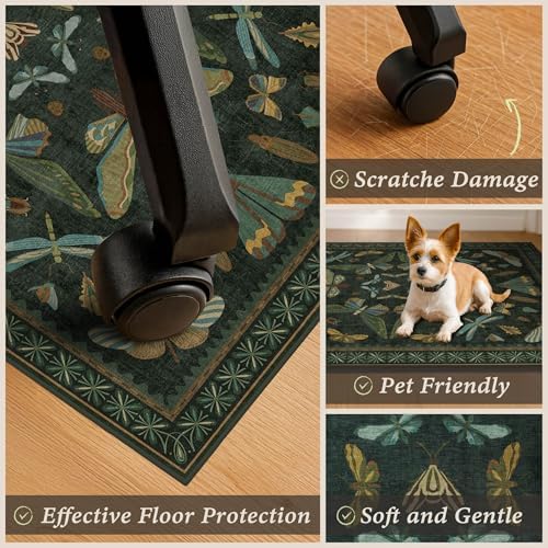 Dark Green Vintage Insect Office Chair Mat 4'x5', Decorative Desk Rug for Hardwood Floors, Washable Non Slip Low Pile Computer Chair Rug, 48"x60" Floor Protector for Home Office - Image 5