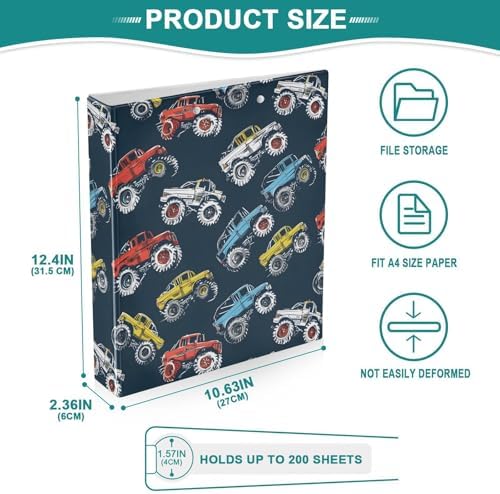 JIPONI 3 Ring Binder Monster Trucks Comic Style 1 Inch Round Binders for Men Women Students, Cute File Organizer for Office School, 1pc - Image 4