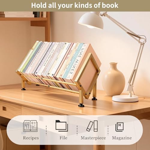 Expandable Desktop Bookshelf Organizer, Small Tabletop Book Storage Rack, Portable Mini Bookcase for Books/CDs/Magazine Display, Desk Shelf for Top of Desk in Living Room, Office, Home Decor (Gold) - Image 6