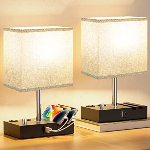 Kakanuo Grey Bedside Table Lamps Set of 2 - Dimmable, USB C+A, 2 AC Outlets - Image 5