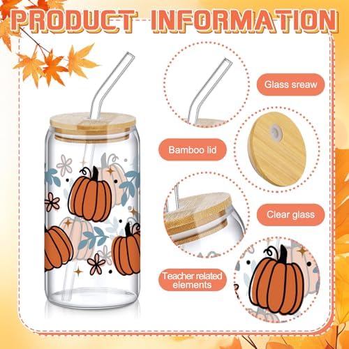 SiliFine 6 Pcs Fall Pumpkin Glass Cups, 16 oz with Lids and Straws - Image 4