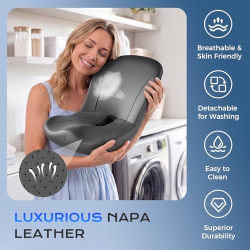 Coverado Car Seat Cushion and Lumbar Support Pillow One Piece, Napa Leather Memory Foam Ergonomic Back Support Driving Seat Cushion for Back Pain, Non-Slip Washable Cushion for Car, Driver, Office - Image 6