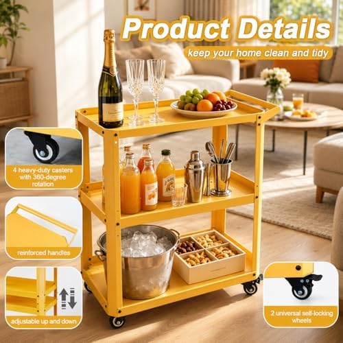 3 Tier Metal Utility Rolling Cart with Wheels, Yellow - Image 4
