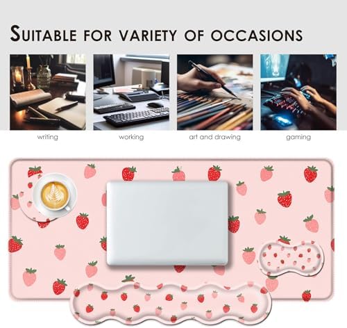 Large Keyboard Mouse Pad Set, Extended Mouse Pad+Keyboard Wrist Rest Support, Memory Foam Ergonomic Easy Typing, 4Pcs (31.5×11.8 in) Desk Pad Set for Office Home,Cute Strawberry Pattern - Image 7