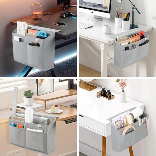 4 Pack Desk Side Hanging Organizer, Adhesive Storage Bag with Pockets for Magazine Ipad Notebook, for End Tables Home Office Desks Computer Workstations Dressing Table, Grey - Image 4