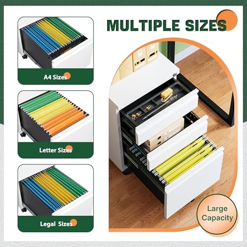 Letaya 3 Drawer Mobile File Cabinet with Lock, Under Desk Metal Filing Cabinets for Home Office Organizer Letters/Legal/A4(Fully Assembled-White) (Pack of 2) - Image 5