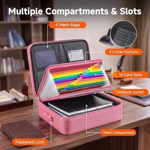 Fireproof Document Box with Lock, 16-Pocket File Organizer, Pink - Image 4