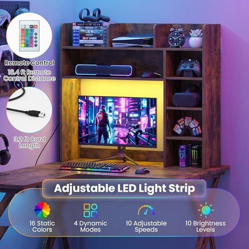Tangkula Desktop Bookshelf with LED Lights, Desk Hutch with 8 Shelves for Max 25" Monitor, Desktop 5-Tier Display Rack, Multipurpose Wood Desktop Storage Hutch Organizer for Dorm Office Home - Image 6