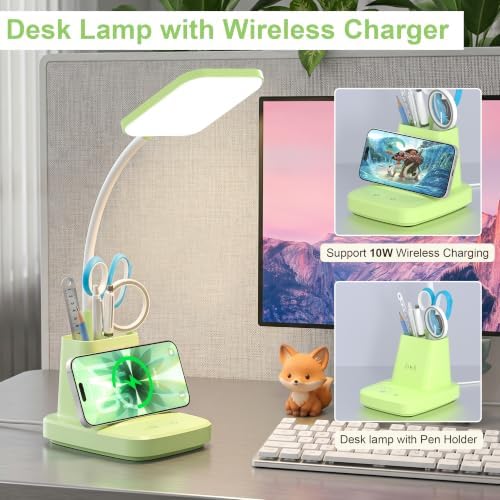 LED Desk Lamp with 10W Wireless Charging & Pen Holder, Light Green - Image 2