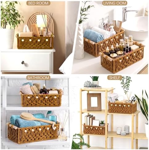 Vesici 4 Pcs Rustic Brown Macrame Storage Basket for Shelves 13 in 11 in Boho Basket Hand Woven Boxes with Wood Handles Beads Decorative Countertop Toilet Tank Cabinet Organizer for Home Room Decor - Image 4