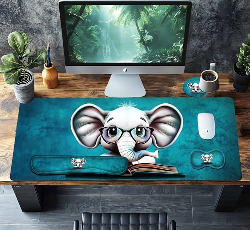 4-Piece Extended Large Mouse Pad Set for Women Men with Elephant Design Includes 35.4 x 15.7 XXL Large Mouse Pad Keyboard Wrist Rest Mouse Wrist Support and Coaster for Office Home - Image 2