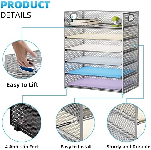 Marbrasse Paper Letter Tray - 6 Tier Mesh File Organizer with Handle, Paper Sorter for Letter/A4 Office File Folder Holder - Silver - Image 3