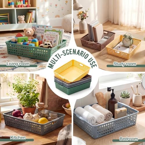 Geetery 6 Pack Classroom Storage Baskets with Handle 14''x10'' Paper Tray Holds A4 Turn in Trays Plastic Paper Baskets Desk Organizer Bin for Classroom, Library, Office, Home (Cottage Color) - Image 5