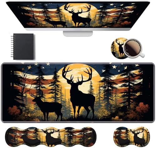 Ergonomic Keyboard Wrist Rest & Mouse Pad Wrist Rest Set, Large XXL Gaming Desk Mat 31.5"x 11.8" with Memory Foam, Easy Typing Pain Relief for Office & Home, American Flag Jungle Deer by Unknown