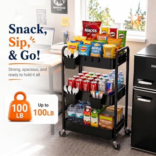 3 Tier Rolling Cart Metal with Wheels,Black Three Tiered Art Cart Organizer - Image 6