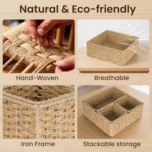efluky 4 PCS Hand-Woven Drawer Organizer Baskets, Paper Rope Drawer Divider and Storage Trays Containers for Kitchen, Bathroom, Office, Desk, Natural - Image 3