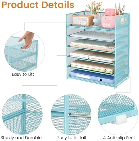 Subekyu 6-Tier Desk Paper Organizer, Desktop File Letter Tray with Handle, Document Sorter and Accessories Holder for Office, Home and School Workspace Organizers, Blue-2 Pack - Image 5