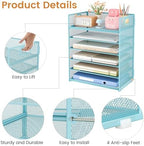 Subekyu 6 Tier Office File Paper Desk Tray Organizer with Handle, Stackable Slide Mesh Letter Tray Folder Blue Desk Organizer, Desktop Document Sorter for Classroom, Office, Home Supplies Storage - Image 5