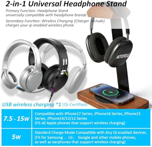 Solid Wooden Headphone Holder with Qi Wireless Charging Pad, Gift Choice - Image 5