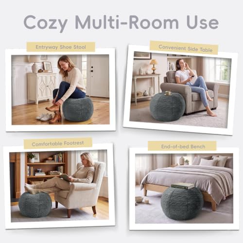 Hobestluk Stuffed Pouf Ottoman Footrest,Round Footstool,Handle,Small,Grey - Image 6