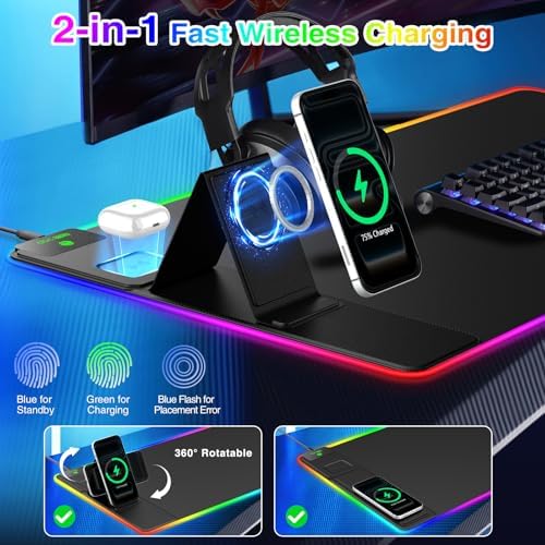 XXL RGB LED Gaming Mouse Pad with Magnetic Wireless Charger & Foldable Phone Holder, 31.5"x15.8" Extended Ultra-Smooth Desk Mat, 25 Lighting Effects, Non-Slip Base, Includes 20W PD Adapter - Image 2