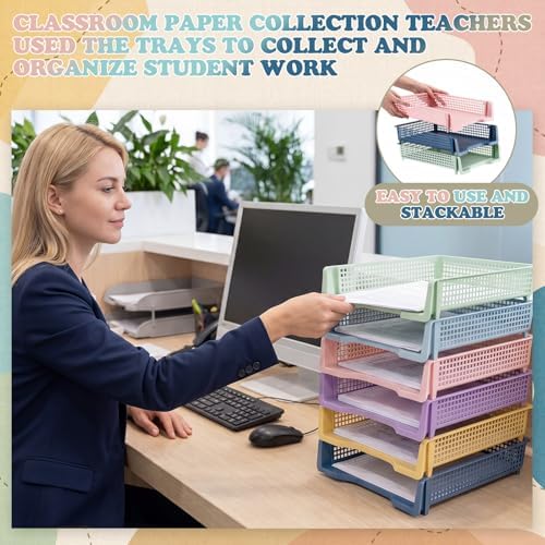 Weysat 12 Pcs Turn in Trays, Classroom Paper Tray, Morandi Pastel, Narrow - Image 4