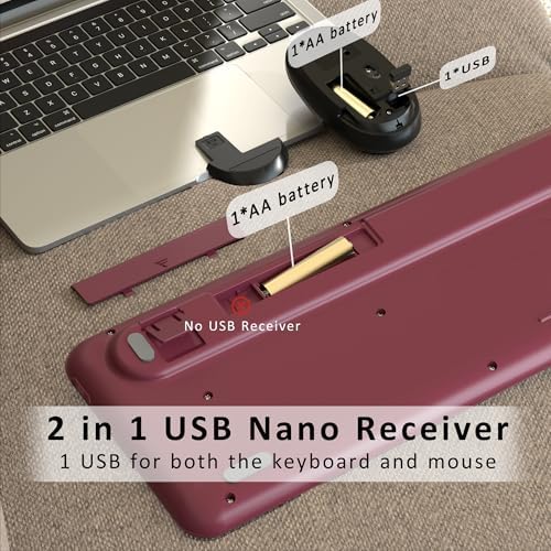 Retro Wireless Keyboard and Mouse Combo with Wrist Rest (Claret-Red) - Image 5