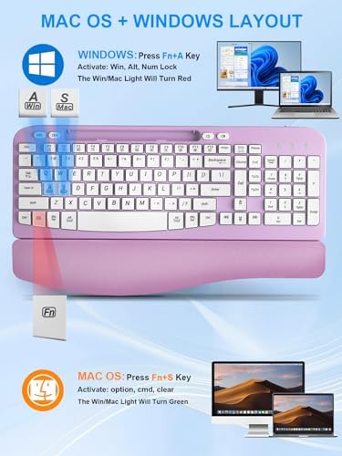 Hayyiesh Ergonomic Wave Keys Wireless Keyboard and Mouse Combo, Full Size with Memory Foam Wrist Rest & Phone Holder, 2.4G Cordless Set with USB-C Adapter for Windows Mac Desktop Laptop (Purple) - Image 7