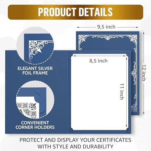 50 Pack Double Sided Certificate Holders 8.5x11 Blue - Heavyweight 300gsm Cardstock Diploma Holder - Dual Certificate Folder Letter Size Award Certificate for Graduation with Silver Foil Diploma Cover - Image 3
