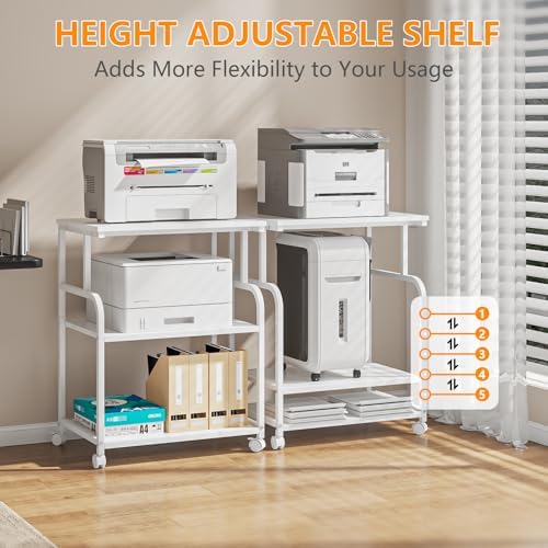 3-Tier Large Printer Stand with Storage, Rolling Printer Cart with Lockable Wheels for Home, Office (White) - Image 2
