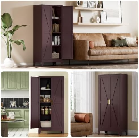 COFaR Metal Pantry Cabinet, Red Kitchen Storage Cabinets with 2 Barn Door - Image 4