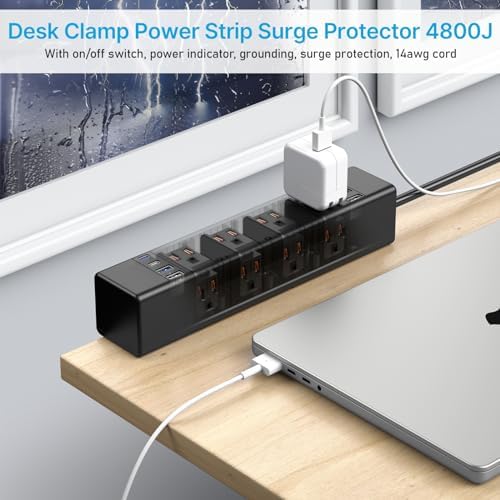 CCCEI 20W Per Side USB-C Desktop Outlet Station, Clamp Power Strip Surge Protector 4800J, Home Office Standing Desk Organizers and Accessories, 10FT 14AWG 15A Extension Cord, Switch, ETL Listing. - Image 7