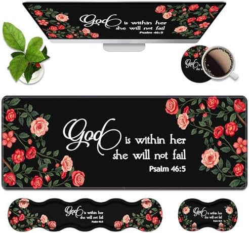 4 in 1 Ergonomic Memory Foam Mouse Pad Wrist Rest Set, Large XXL Gaming Desk Pad + Keyboard Wrist Rest + Mouse Wrist Cushion + Coaster for Home Office Study Gaming, Floral Quote Bible Verse Psalm 46:5 by Unknown