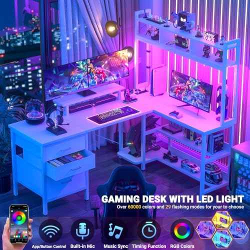 Aheaplus L Shaped Gaming Desk with Hutch, Gaming Desk with Led Lights, Reversible Computer Desk with Power Outlet, Corner Desk with File Drawer & Monitor Stand, Storage Shelves for Home Office, White - Image 3