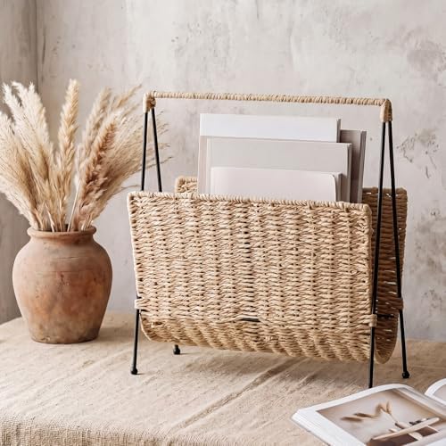 Novabright Hand Woven Magazine Holder with Metal Stand, Large Wicker Book Storage Basket, Decorative Newspaper Mail Storage Rack for Living Room, Bedroom, Bathroom, Home, Office, 13.78 x 14.17 x 3.94 by Unknown