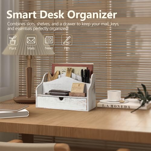 Rebee Vision Mail Organizer for Desk with Drawer for Room Decor, Whitewash - Image 3