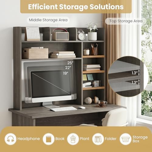 BECOMFORT Desk Hutch with LED Lights, Desk Organizer Shelf w/ 8 Storage Compartments, up to 25” Monitor, Wooden Display Rack, Desktop Bookshelf for Vanity Dressing Tabletop College Dorm Home & Office - Image 5