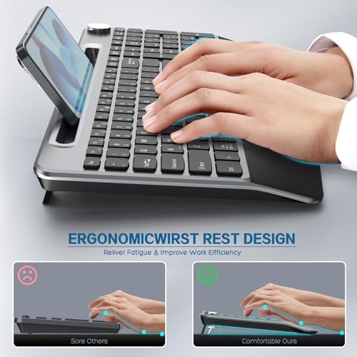 GAMCATZ Ergonomic Wireless Keyboard with Wrist Rest-Low-Profile,Phone/Tablet Holder,Quiet Design，Windows & Mac OS，Full Size Cordless USB Computer Keyboard for Desktop,Laptop, PC, Mac, Windows-Black - Image 2