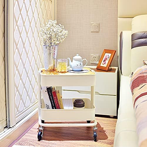 Melody House 2-Tier Metal Utility Rolling Cart Storage Side End Table with Cover Board for Office Home Kitchen Organization, Cream White - Image 7