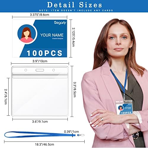 Segarty Lanyards with ID Holder, 100 Pack Horizontal Clear Plastic Badge Name Tags Key Card Holder, Blue Strap Clips Waterproof Ziplock Nametag Protector for Women, Business, Office - Image 2