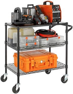 Finnhomy 3 Tier Heavy Duty Commercial Grade Utility Cart with Wood Top, Wire Rolling Cart with Wheels and Handle Bar, Kitchen Carts on Wheels, Metal Cart with 600 LBS Capacity, Black - Image 2
