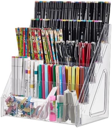 Acrylic Pen Pencil Holder for Desk With 25 Compartment Desk Organizers and Accessories,Durable Material Can Hold Pen Brush Cosmetic Scissor Clip Tape staplers Fit Home Office School(5 Tier) by Unknown