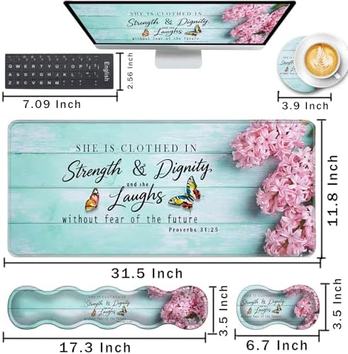 Keyboard Wrist Rest and Mouse Pad with Wrist Support Set Ergonomic Coaster,Memory Foam,Easy Typing Pain Relief,Large XL Desk Mat 31.5"x 11.8",Pink Hyacinth Bible Verse Proverbs 31-25 - Image 2