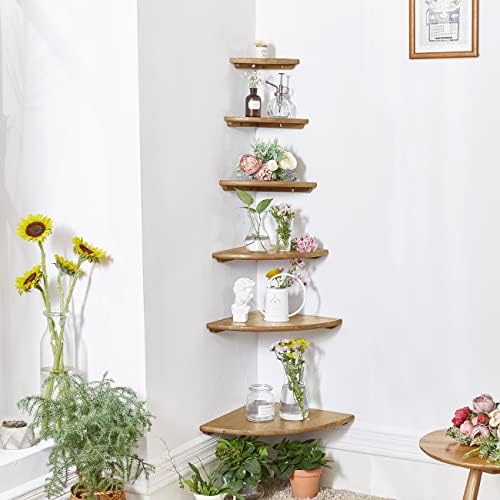 Corner Shelf, 12inch Solid Oak Wood Floating Corner Shelves Wall Mount Round End Floating Speaker Shelf with Wire Hole for Small Plant Photo Frame for Bedroom Kitchen, Living Room - Image 2
