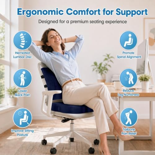 CloudBliss Ergonomic Seat Cushion & Lumbar Support Pillow Set, Blue, Large - Image 2