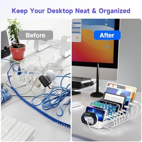 320W Charging Station for Multiple Devices, 10 Ports Fast Multi-Device Charger Organizer Compatible with MacBook Pro Laptop, iPhone, Android, Ipad, Tablet, Kindle, Family Multi-Device Charging Dock - Image 4