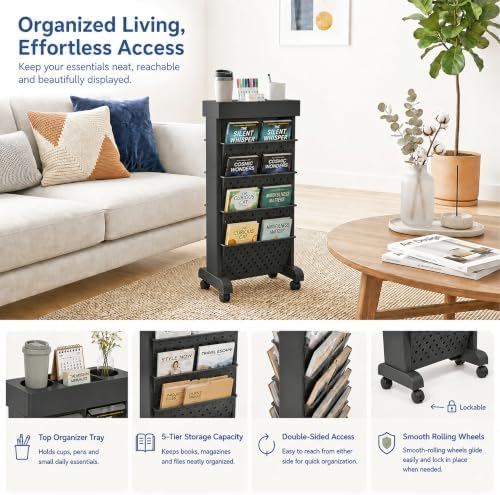 5-Tier Rolling Bookshelf Cart with Wheels, Black - Image 6