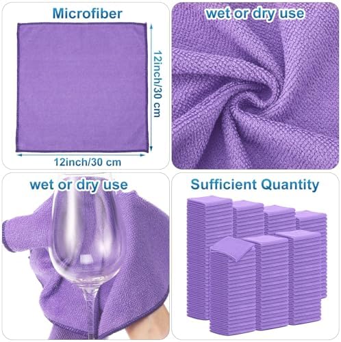 Tenare 100 Pack 12'' x 12'' Microfiber Cleaning Cloths Reusable Cleaning Rags Bulk Microfiber Towels Softer Highly Absorbent Washcloths for House Kitchen Car Window(Purple) - Image 2