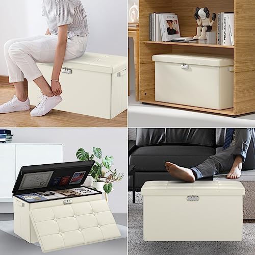 DocSafe Storage Ottoman Bench with Lock,Fireproof 30 Inches Folding Bench Foot Rest Stool Storage Chest Safe for Living Room,Bedroom,Home Office,Waterproof Leather Ottoman with Handles,Beige - Image 5